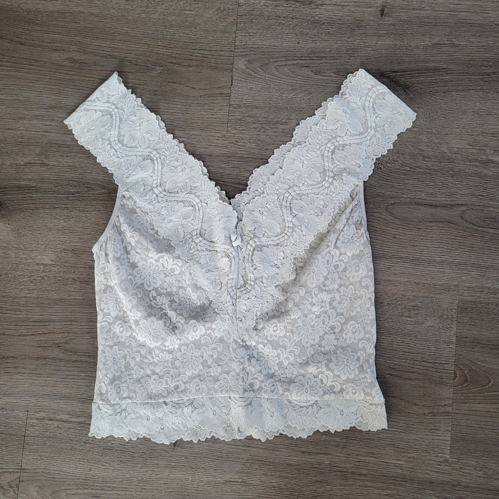 Vintage Sheer White Floral Lace V-Neck Camisole Top Wide Straps Bow Detail Large